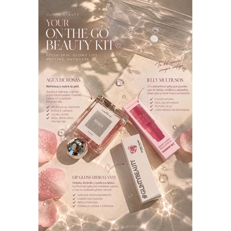 Kit De Viaje Glinty 4pzs Agua De Rosas+gloss+jelly Multiusos