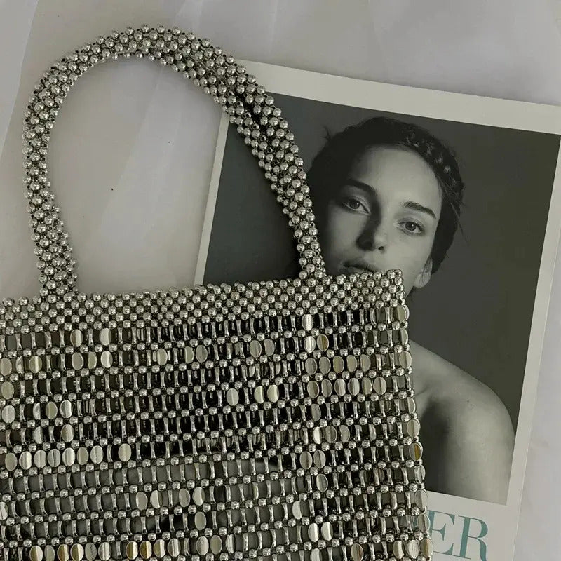 Bolso Metálico Tejido De Hombro Mediano Calidad Moda Plateado Metal