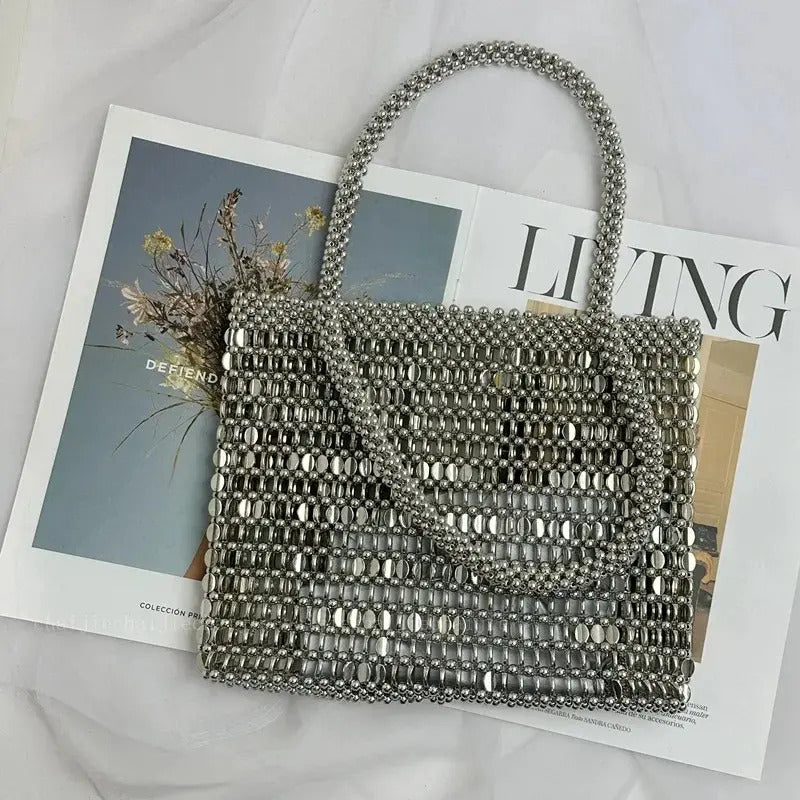 Bolso Metálico Tejido De Hombro Mediano Calidad Moda Plateado Metal