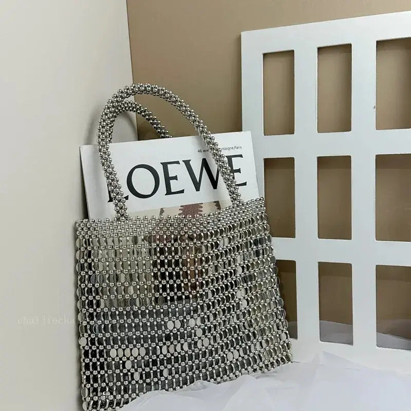Bolso Metálico Tejido De Hombro Mediano Calidad Moda Plateado Metal