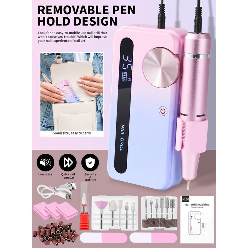 Drill Portable Esmeril Uñas Profesional Completo 35000 Rpm Rosa Morado