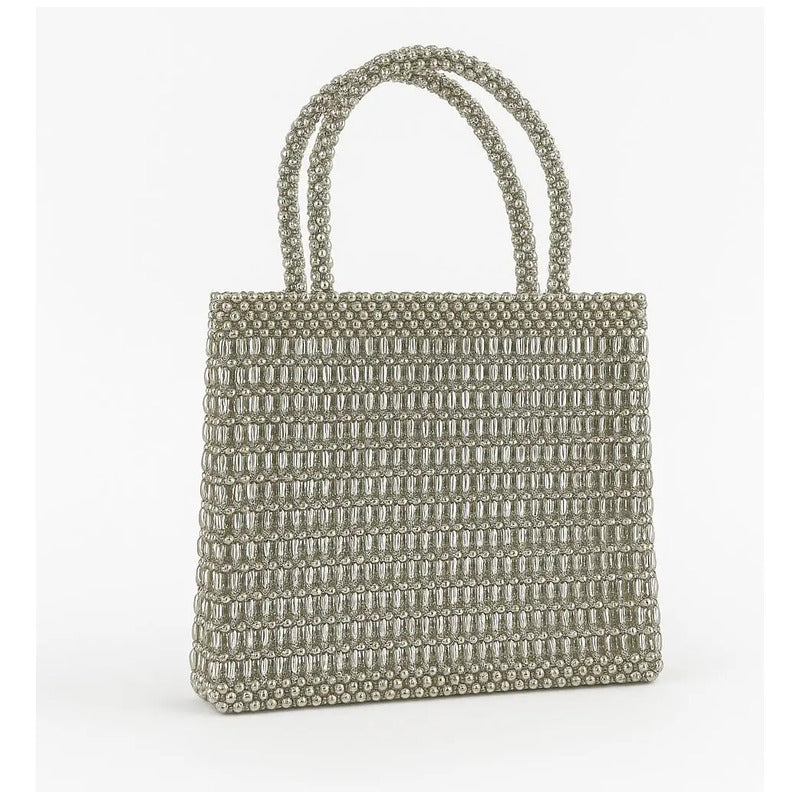 Bolso Metálico Tejido De Hombro Mediano Calidad Moda Plateado Metal