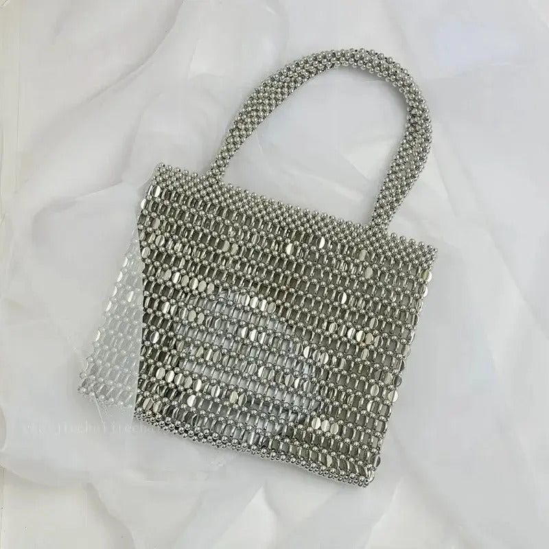 Bolso Metálico Tejido De Hombro Mediano Calidad Moda Plateado Metal