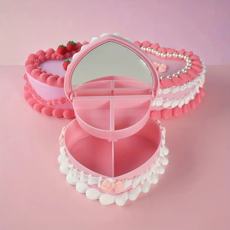Joyero Acrilico Corazón Pastel Vintage Espejo Alhajero Corea Rosa Perla