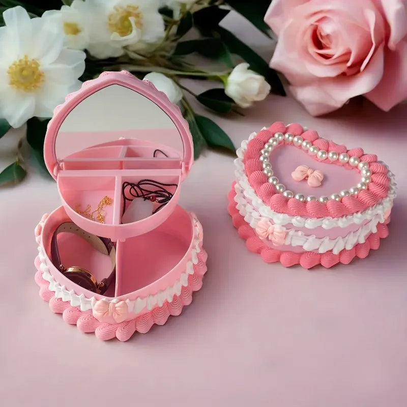 Joyero Acrilico Corazón Pastel Vintage Espejo Alhajero Corea Rosa Perla