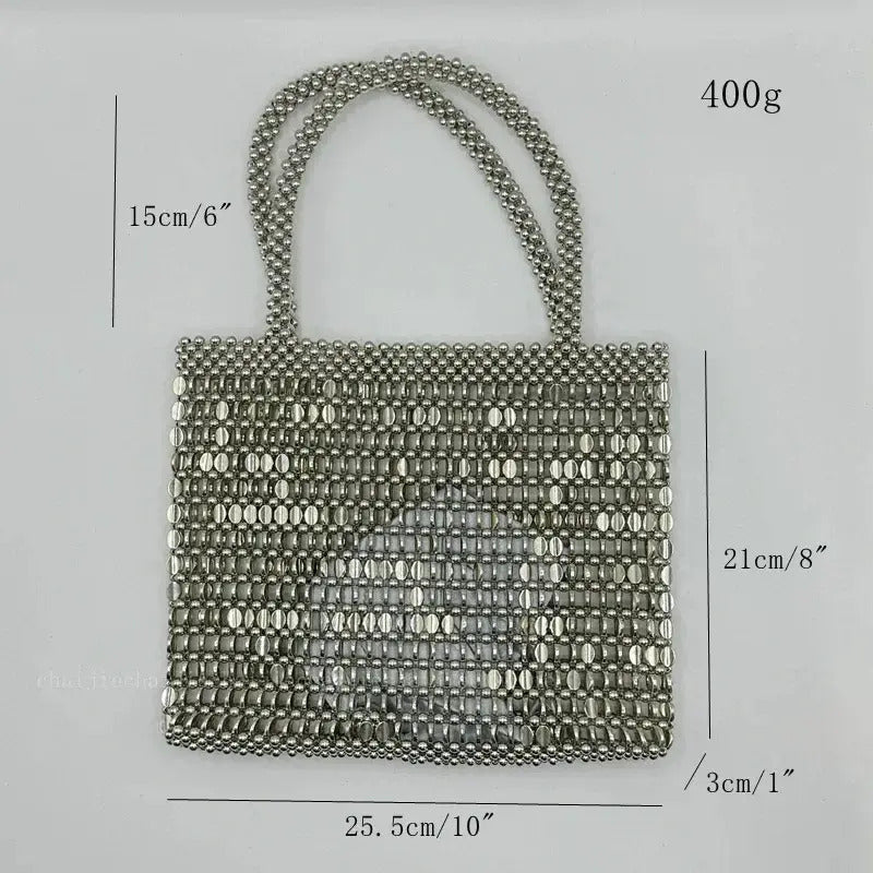 Bolso Metálico Tejido De Hombro Mediano Calidad Moda Plateado Metal