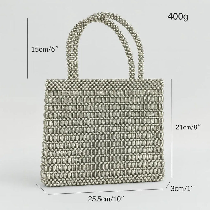 Bolso Metálico Tejido De Hombro Mediano Calidad Moda Plateado Metal