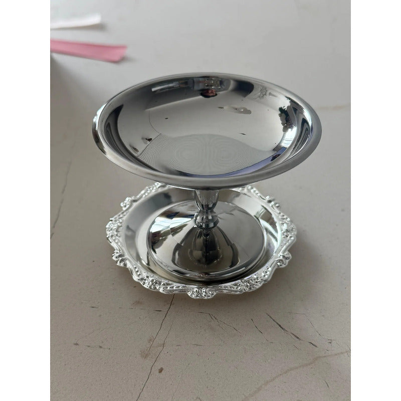 Copa De Acero Inox Irrompible Vintage Con Plato Para Postre Plateado