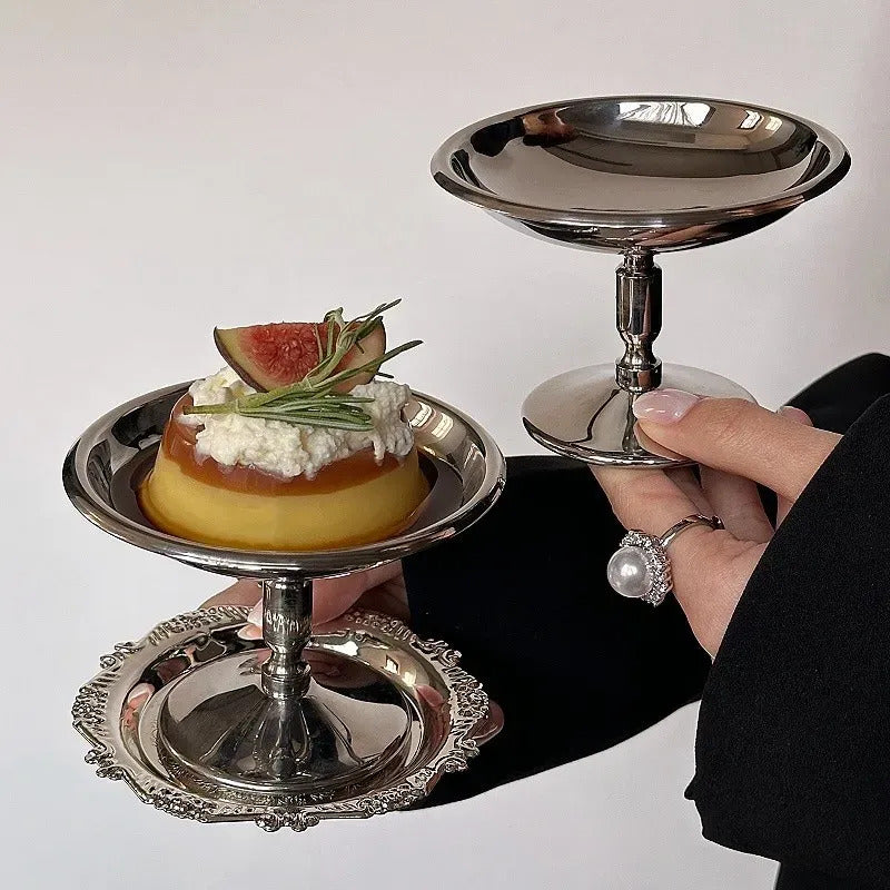 Copa De Acero Inox Irrompible Vintage Con Plato Para Postre Plateado